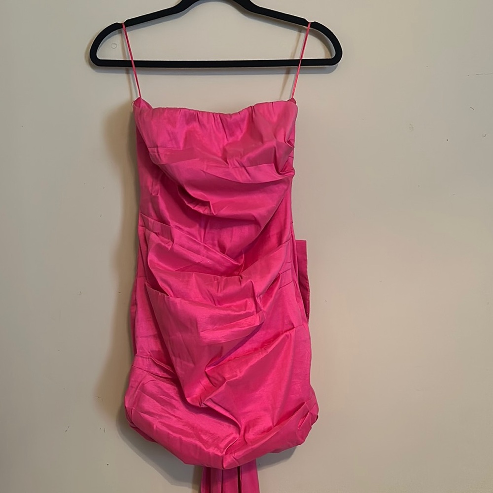 Allison & Kelly Strapless Taffeta Bow Back With Detachable Train Mini Dress